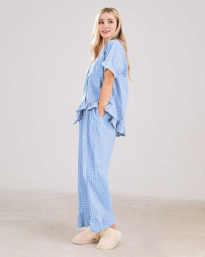 ✨Women Plaid 2 Piece Set Pajamas Outfits Short Sleeve Ruffle Shirt Pants Sets