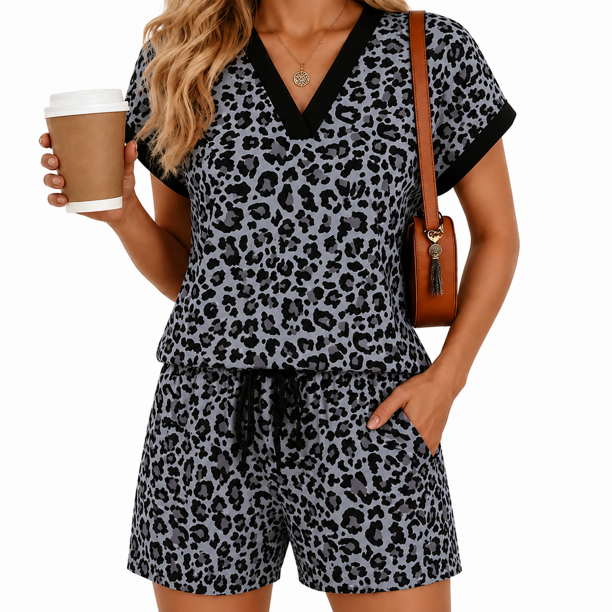 2026 Summer Cap Sleeve V-neck lapel Top & Drawstring Shorts