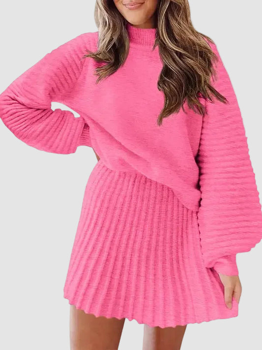Women Mock Neck Ribbed Sweater & A-line Skirt 2 Piece Set