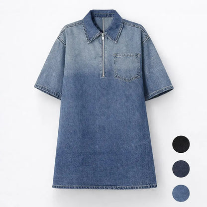 Women's Leopard Print Half-Zip Denim Shirt Dress