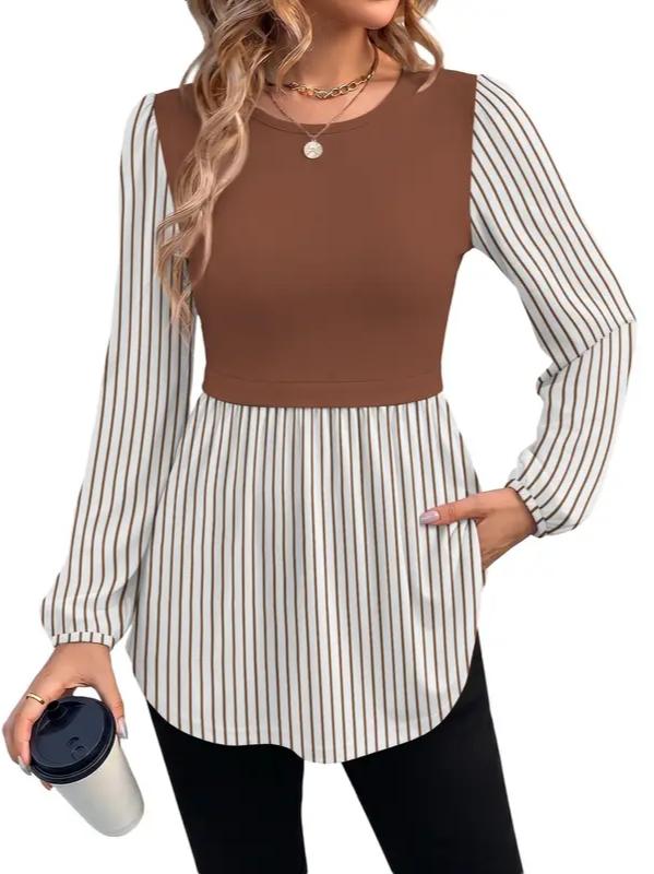 Women Crew Neck Babydoll Peplum Long Sleeve Tunic Blouse