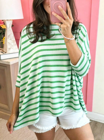 Women's Striped Ribbed Oversized 3/4 Sleeve Top