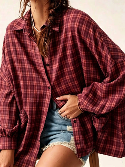 Women's Plaid Oversized Pouch Pocket Long Sleeve Shirt