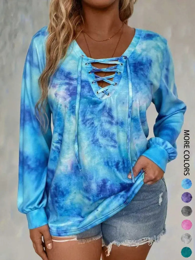 Women Tie Dye Lace Up Long Sleeve Top
