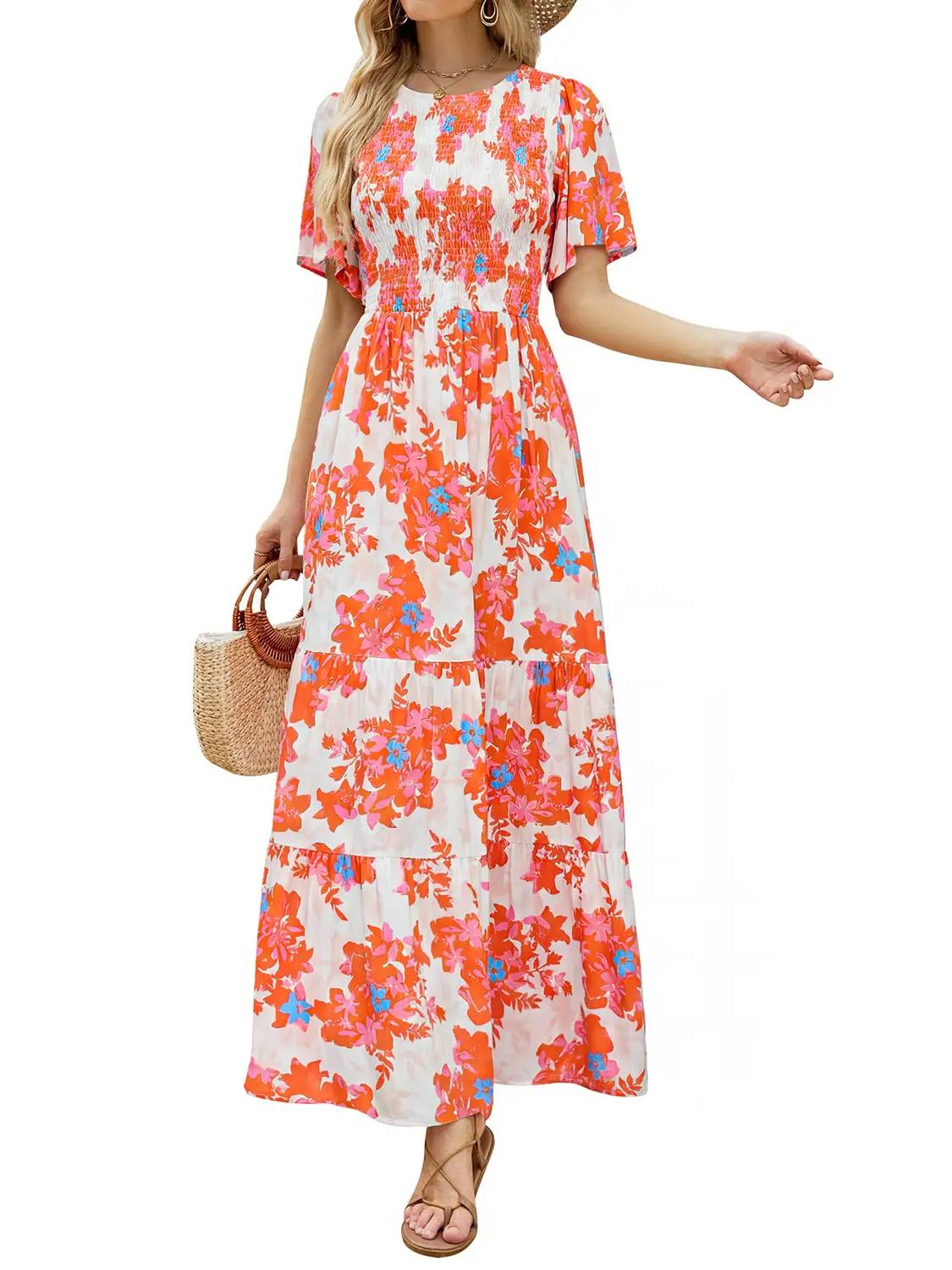 ⏰Hot Sale-Women's Casual Floral Print Short Flutter Sleeve Smocked High Waist Flowy Maxi Dress