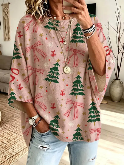 Christmas Loose Round Neck Bat Sleeve Knit Top for Women