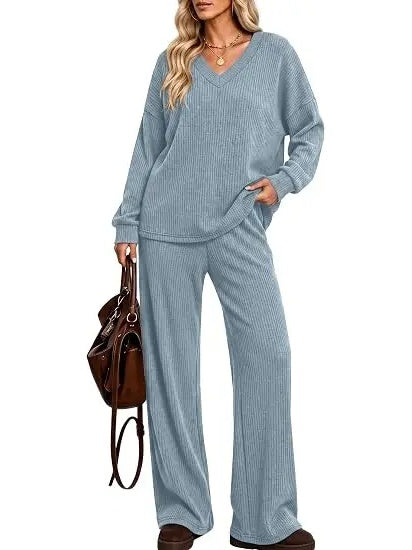 Leopard Trim / Solid Plain Coordinating Top & Pants Outfit