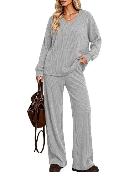 Leopard Trim / Solid Plain Coordinating Top & Pants Outfit