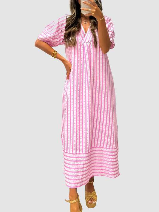 Women V Neck Puff Short Sleeve Striped High Waist Straight Midi Shift Dress