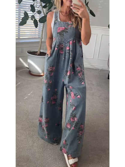 Women's Floral Print Trendy High Waist Wide Leg Denim Jumpsuit