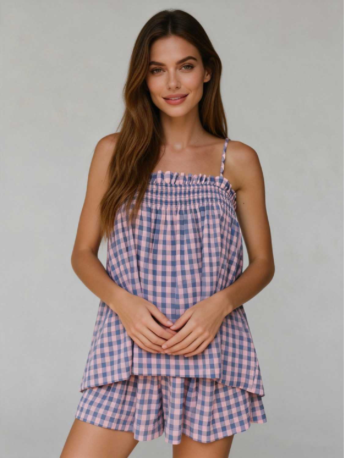 Women's Sleeveless Plaid Cami Tank Tops Wide Leg Shorts Sets