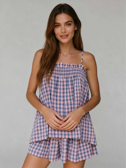 Women's Sleeveless Plaid Cami Tank Tops Wide Leg Shorts Sets