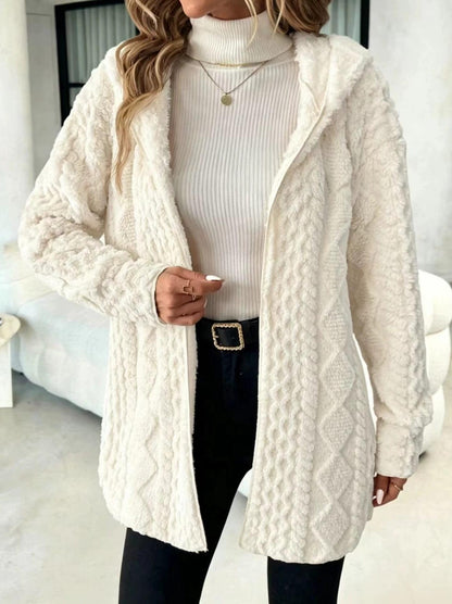 Women's Hooded Cable Texture Fleece Lined Cardigan
