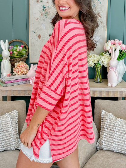 Women's Striped Ribbed Oversized 3/4 Sleeve Top