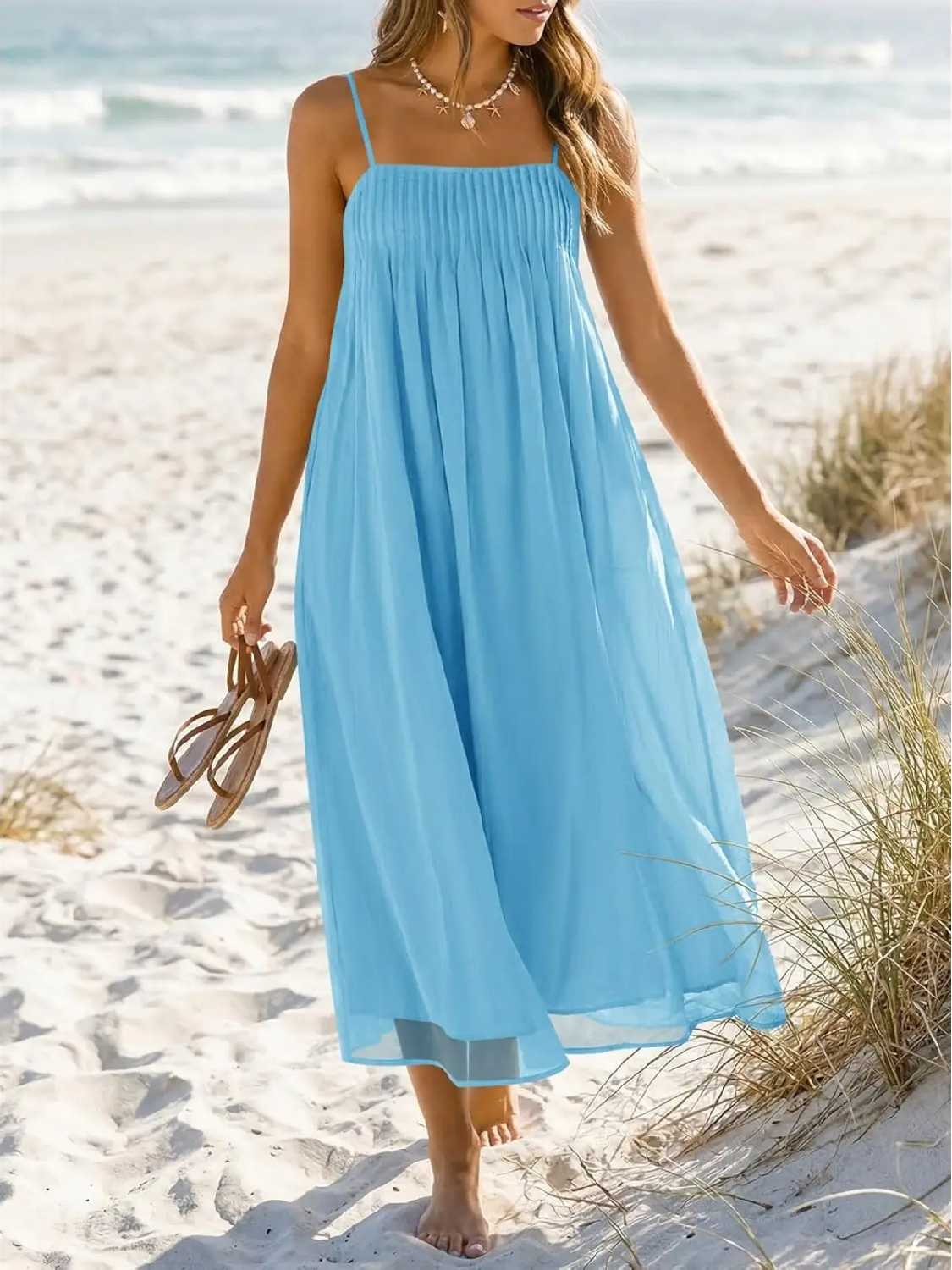 Women's Spaghetti Straps Chiffon Casual Long Dress with Pockets