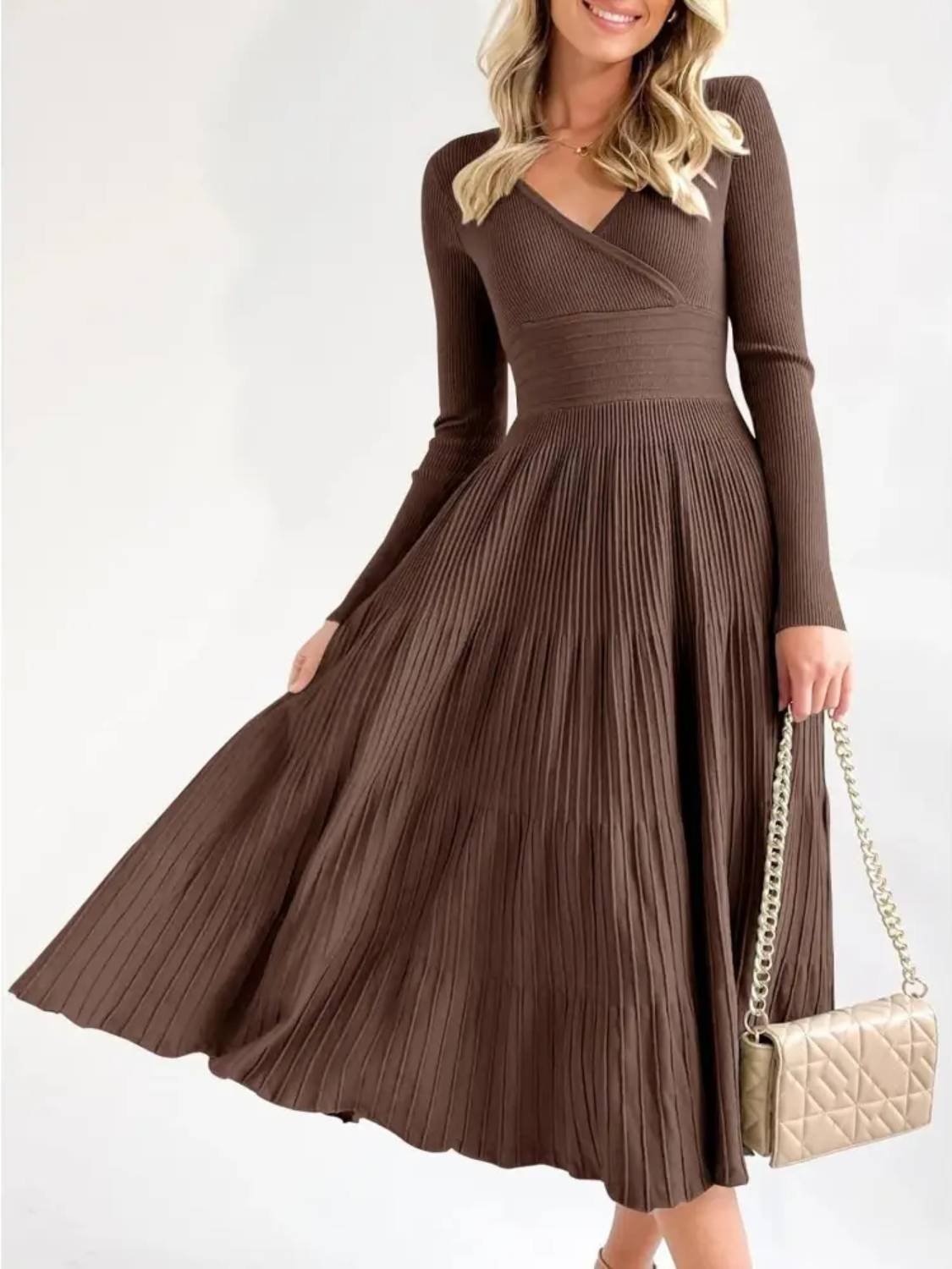 Womens Longsleeve Wrap V-Neck A-Line Sweater Dress