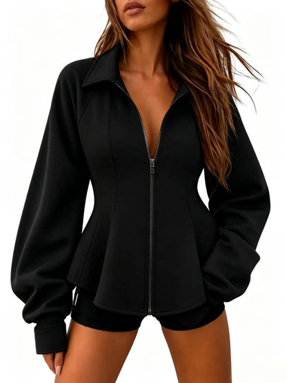Women's Zip Up Ruched Sleeve Peplum Hem Jacket