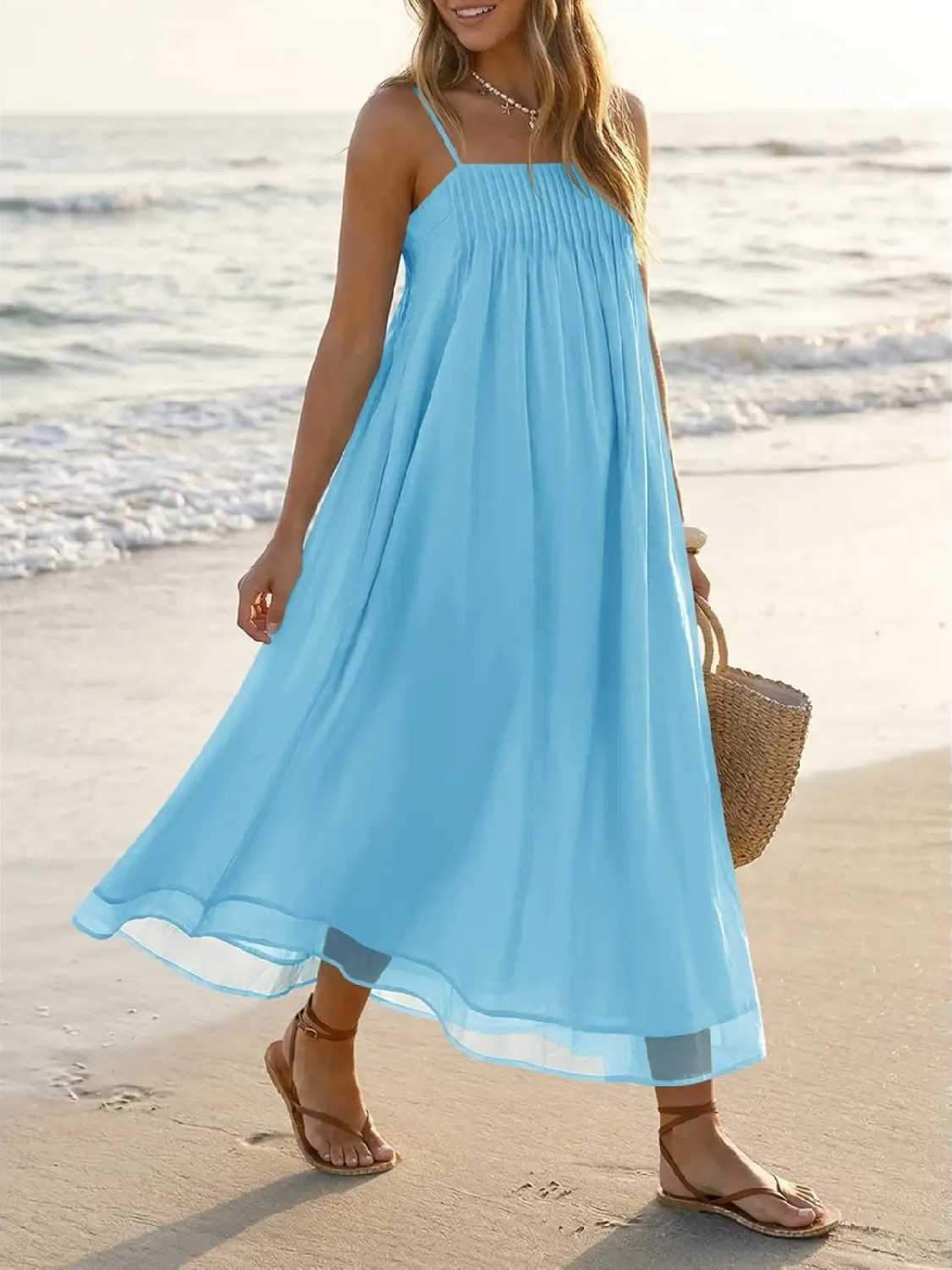Women's Spaghetti Straps Chiffon Casual Long Dress with Pockets