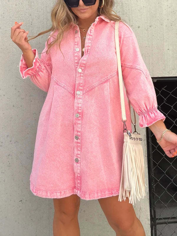 ⏰Hot Sale-Washed Denim Puff Sleeve Dress