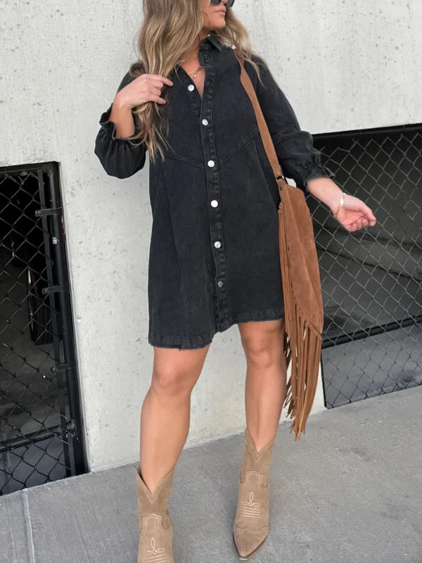 ⏰Hot Sale-Washed Denim Puff Sleeve Dress