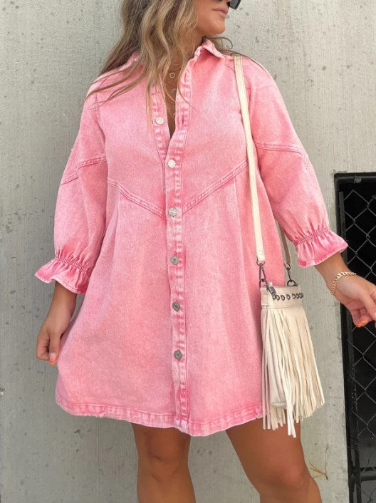 ⏰Hot Sale-Washed Denim Puff Sleeve Dress