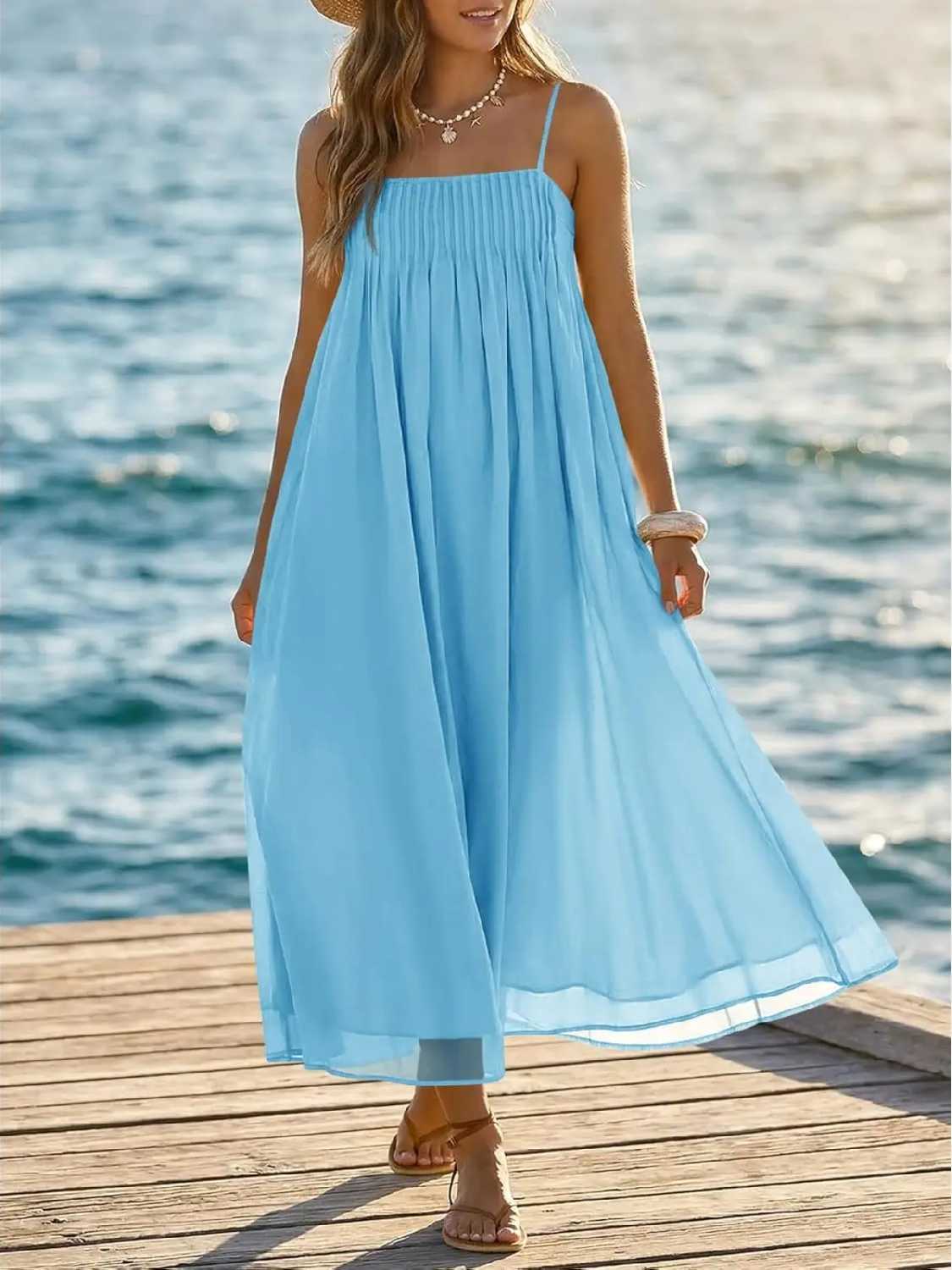 Women's Spaghetti Straps Chiffon Casual Long Dress with Pockets