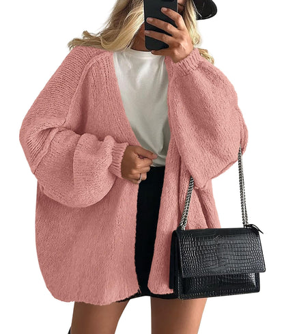 Oversized Lantern Sleeve Open Front Knit Cardigan