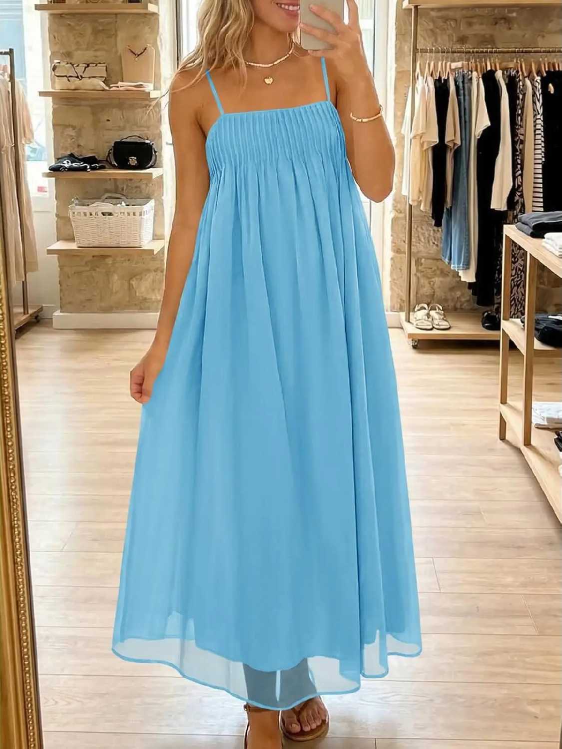 Women's Spaghetti Straps Chiffon Casual Long Dress with Pockets