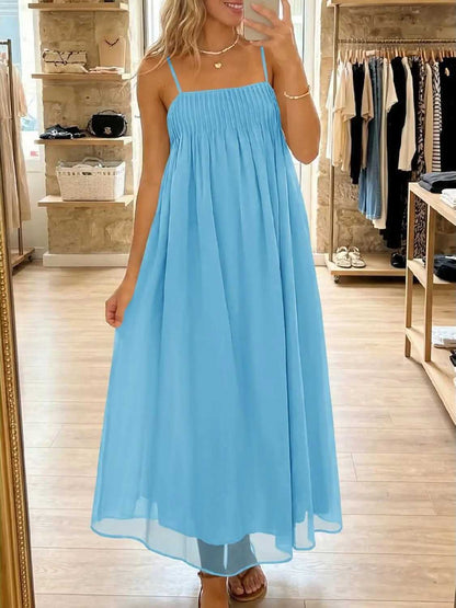 Women's Spaghetti Straps Chiffon Casual Long Dress with Pockets
