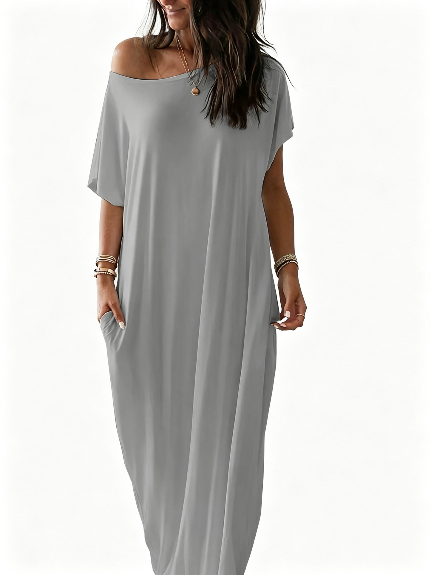 Women Batwing Sleeve Pocket Maxi Casual Loose Long Dress All Season Daily Outfit