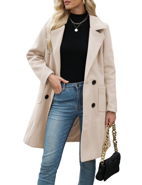 Women Open Front Wool Coat Lapel Double Button Mid‑Length Overcoat With Pockets