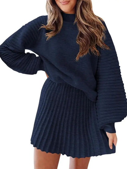 Women Mock Neck Ribbed Sweater & A-line Skirt 2 Piece Set