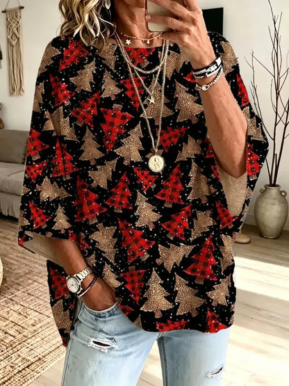Christmas Loose Round Neck Bat Sleeve Knit Top for Women