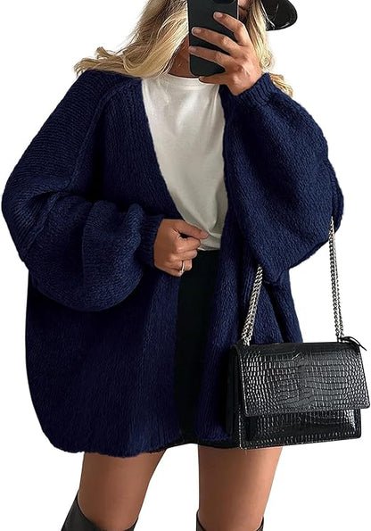 Oversized Lantern Sleeve Open Front Knit Cardigan