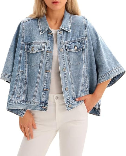 Women Trendy Cropped Cape‑Style Denim Shacket Half Sleeve Oversized Jean Jacket