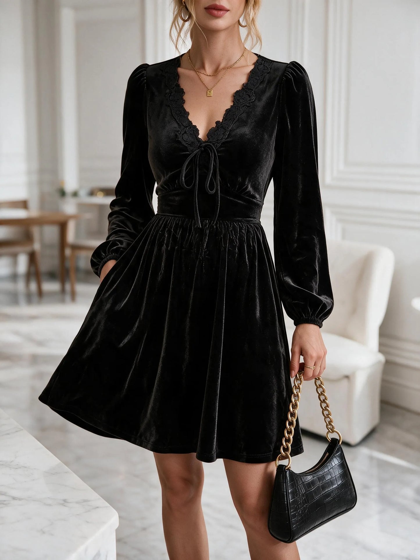 Women Boho Lace V‑Neck Tie Front Lantern Sleeve Mini Dress With Pockets