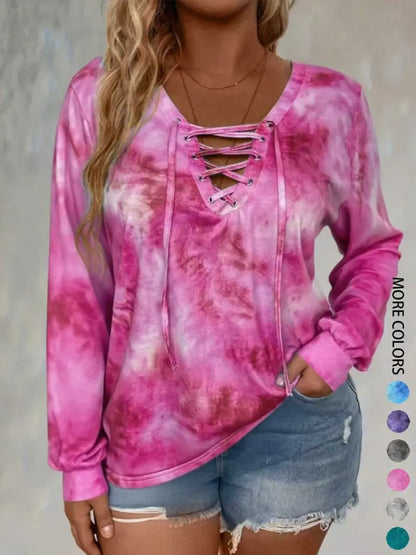 Women Tie Dye Lace Up Long Sleeve Top