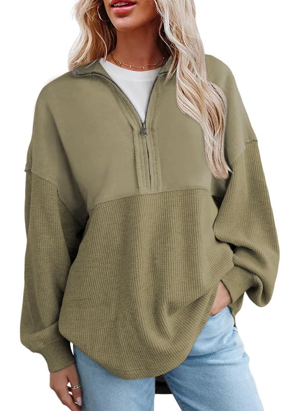 Women's  Waffle Knit Half Zip Pullover Casual Sweatshirt
