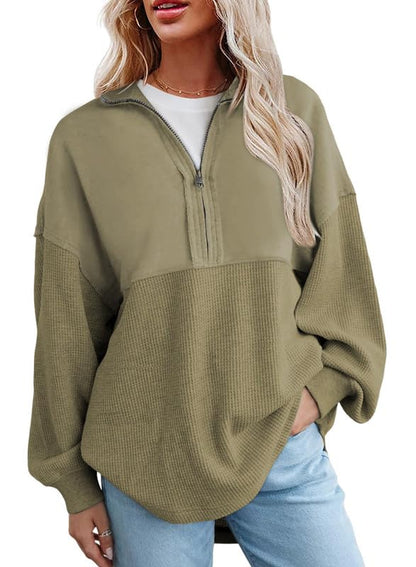 Women's  Waffle Knit Half Zip Pullover Casual Sweatshirt