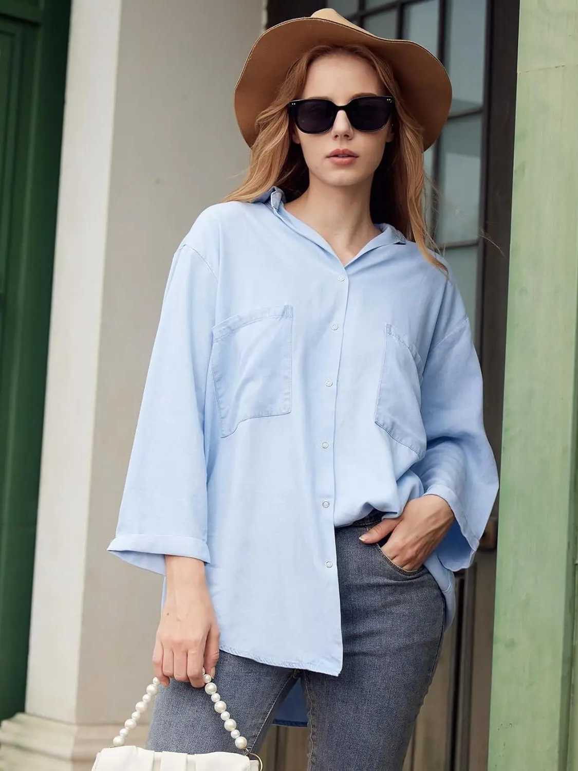 Womens Button Down Jean Shirts Denim Tencel 3/4 Sleeve Tops