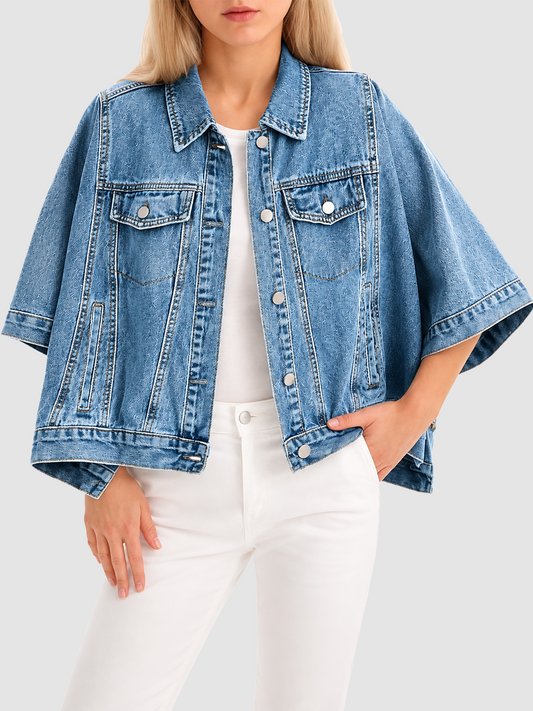 Women Trendy Cropped Cape‑Style Denim Shacket Half Sleeve Oversized Jean Jacket