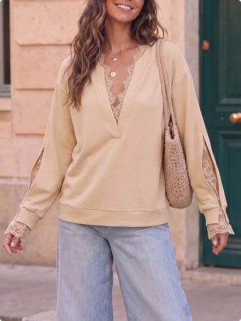 Women Deep V‑Neck Lace Patchwork Loose Long Sleeve Pullover Top