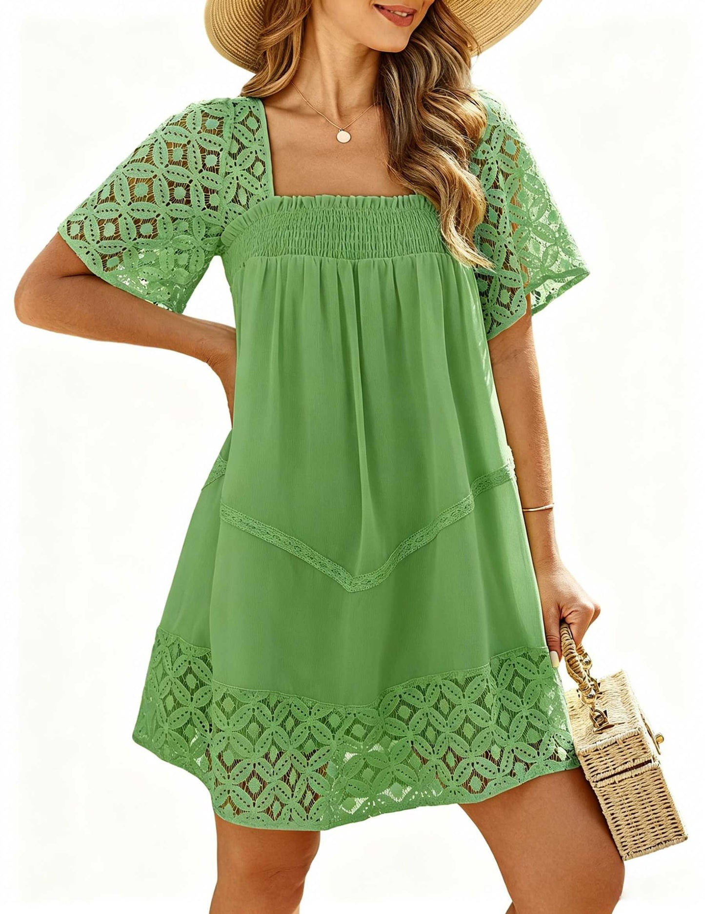 Women's Square Neck Lace Patch A-Line Mini Dress