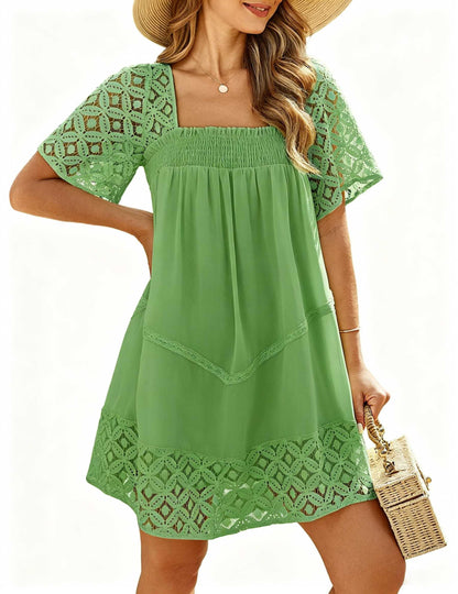 Women's Square Neck Lace Patch A-Line Mini Dress