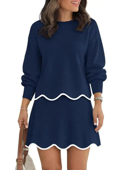 Women Puff Long Sleeve Crewneck Top Scalloped Mini Skirt 2 Piece Knit Set