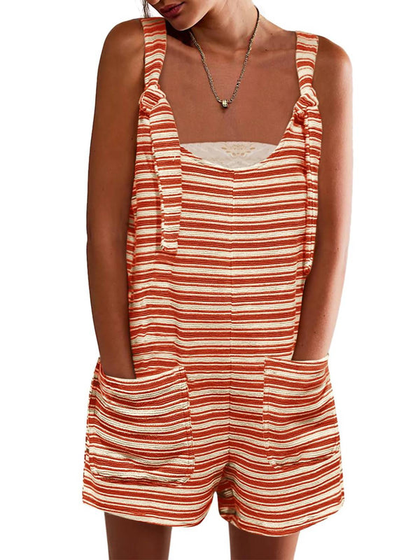 Womens Casual Loose Striped Tied Shorts Overalls Jumpsuit with Pockets