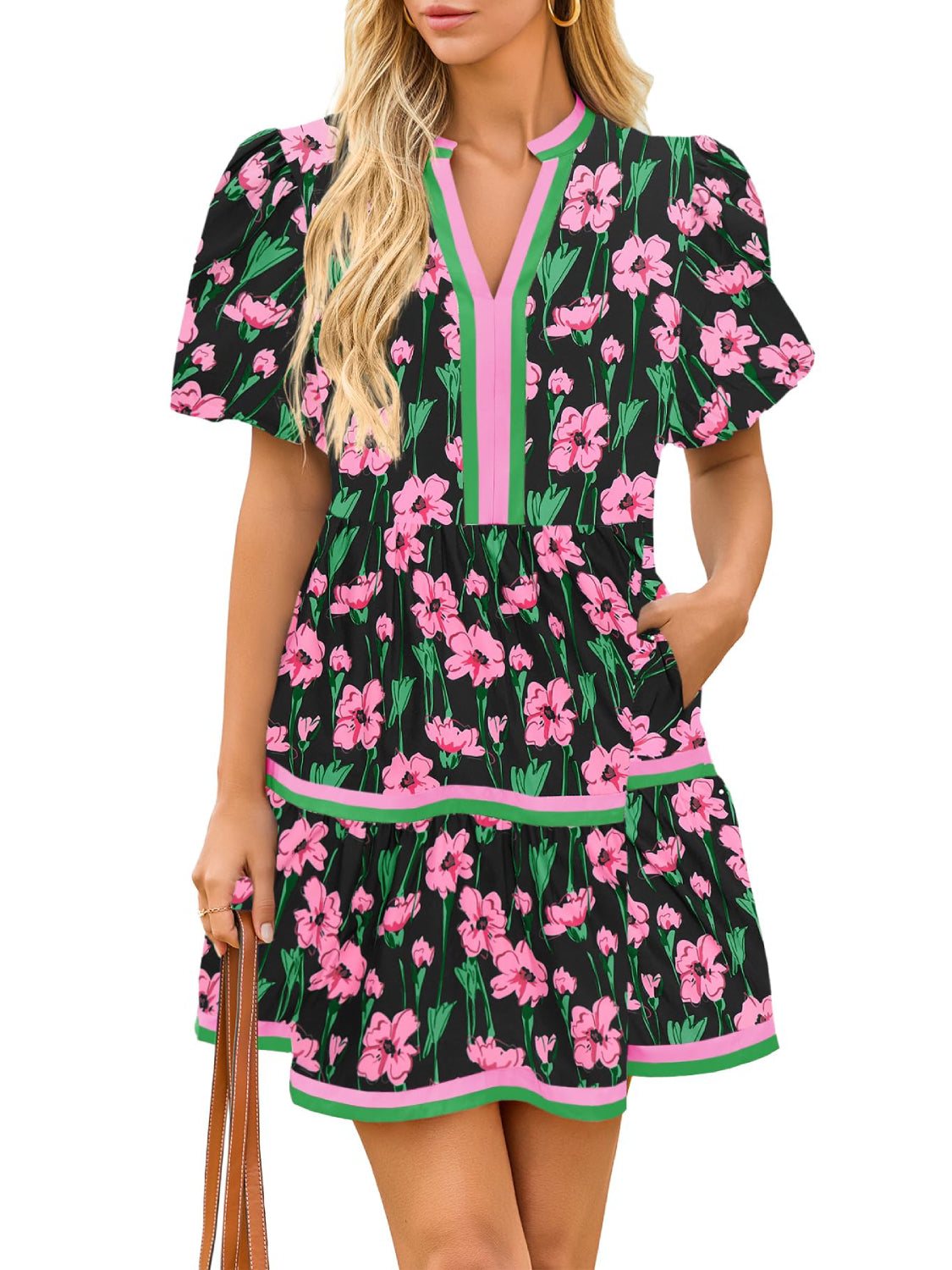 Womens V Neck Short Puff Sleeve Patchwork Floral Mini Dress
