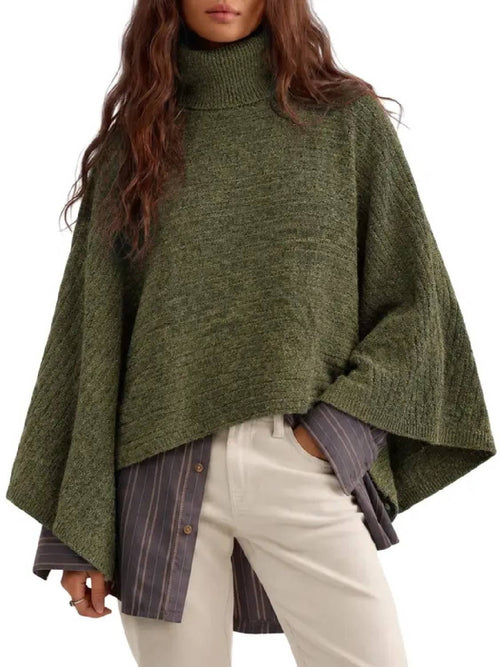 Women Turtleneck Funnel-Neck Poncho Soft Chunky Ribbed Knit Sweater