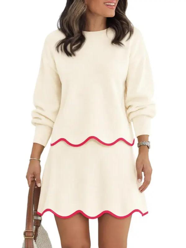 Women Puff Long Sleeve Crewneck Top Scalloped Mini Skirt 2 Piece Knit Set