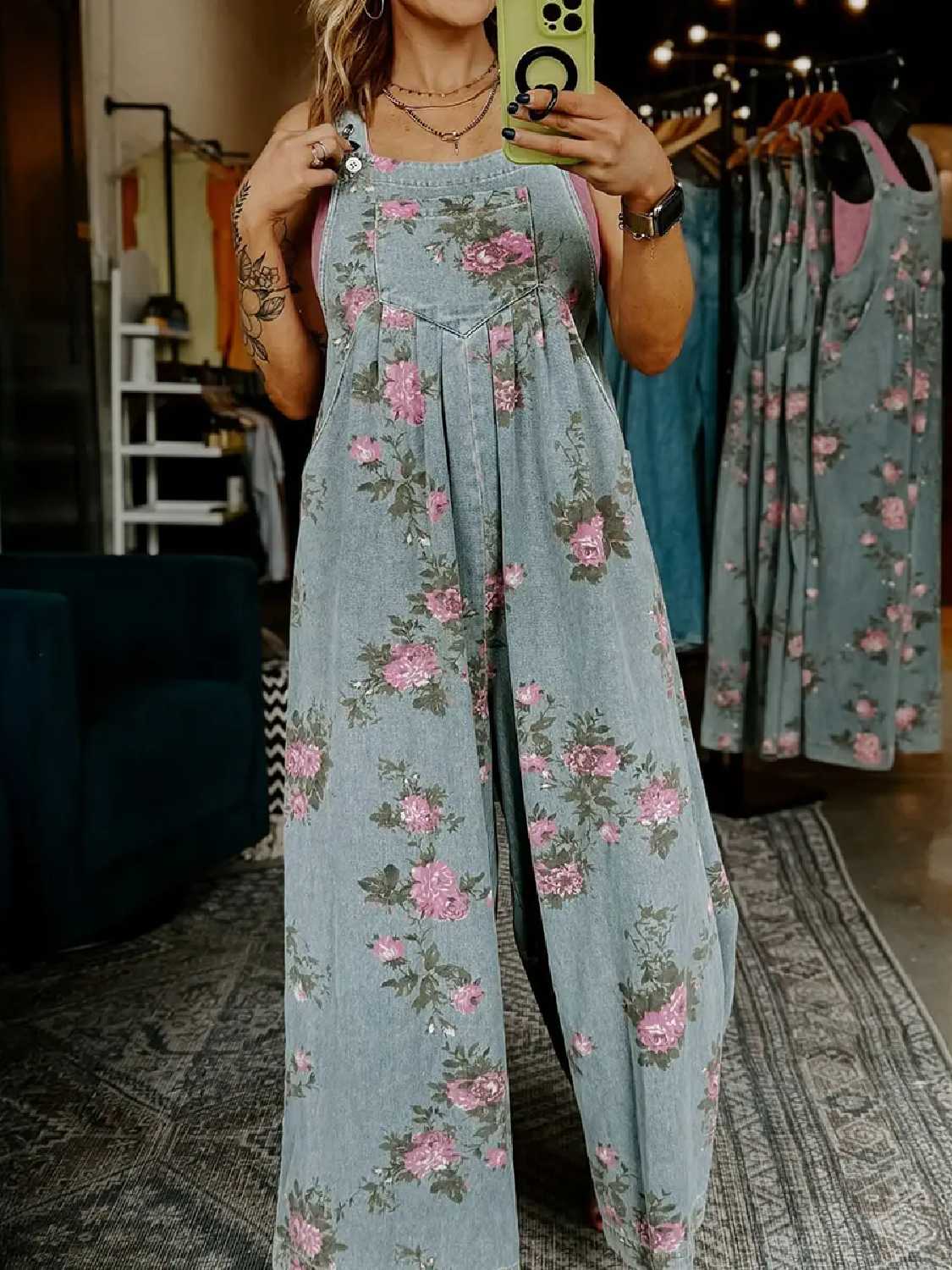 Women's Floral Print Trendy High Waist Wide Leg Denim Jumpsuit